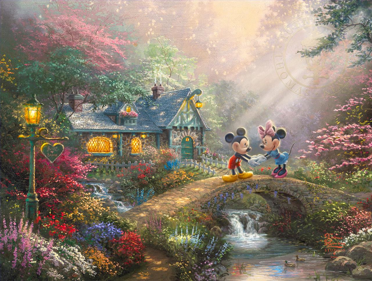 Mickey et Minnie Sweetheart Bridge Thomas Kinkade Peintures à l'huile